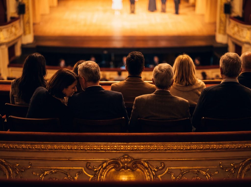 Gruppo di spettatori seduti in un palco di teatro, di spalle, verso il palcoscenico illuminato